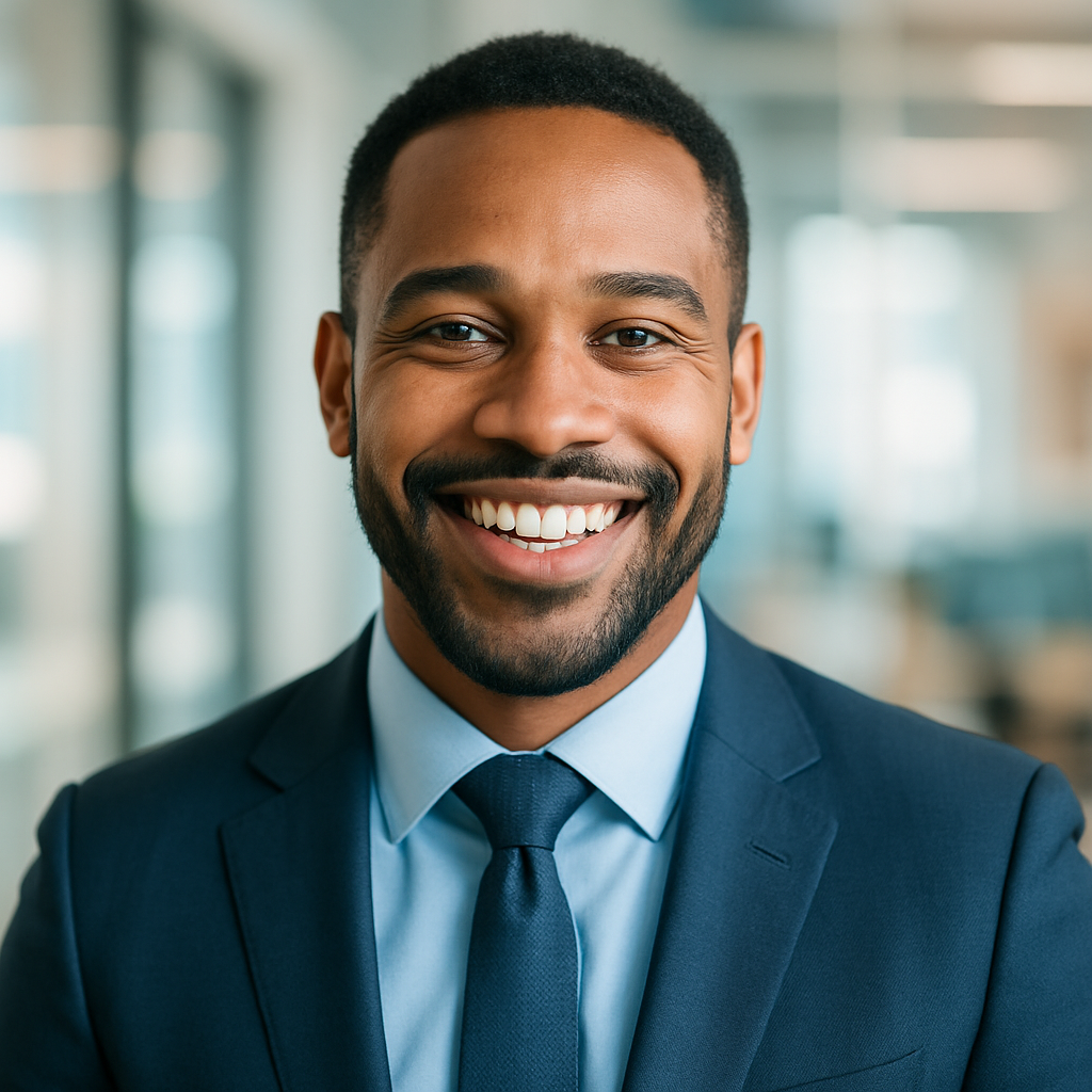 Capture a vibrant headshot of a joyful professional male exuding confidence and warmth He should be dressed in a smart tailored suit set against a sof