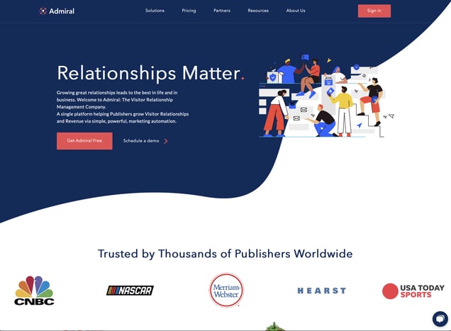Admiral Homepage Screenshot showcasing illustrations and company logos