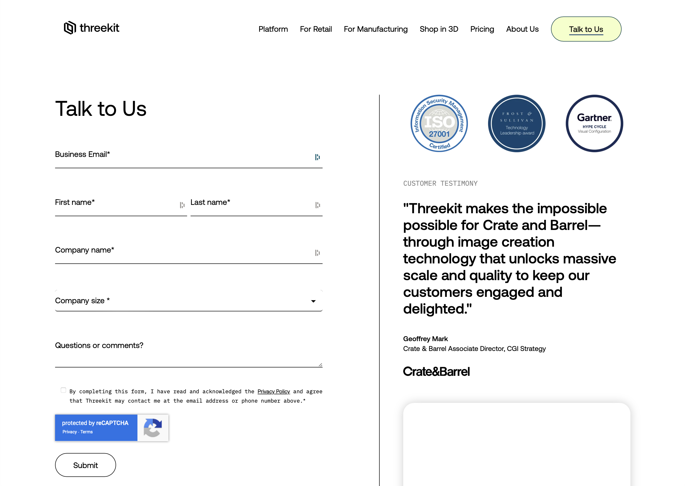 Threekit contact us page