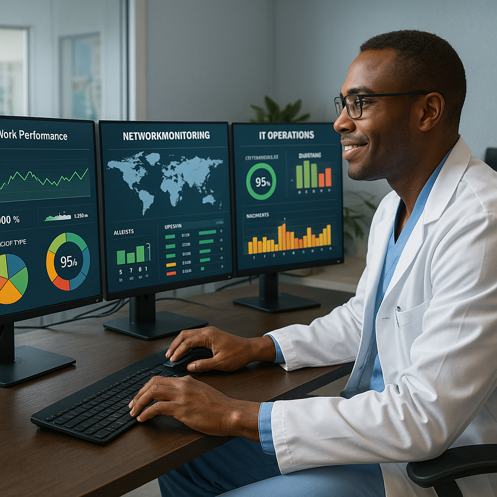 A healthcare IT professional confidently reviewing